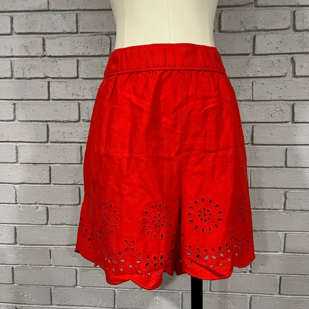 LOFT Red Linen Blend Eyelet Embroidered Scalloped Hem Shorts Boho XL